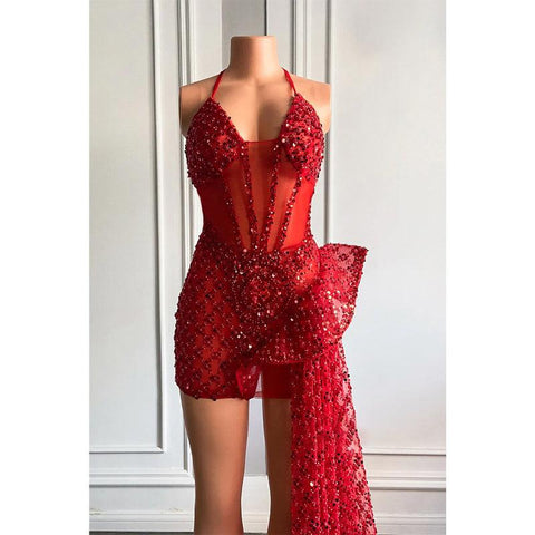 Robe de bal longue et sexy à col en V et perles épaisses pour filles noires 