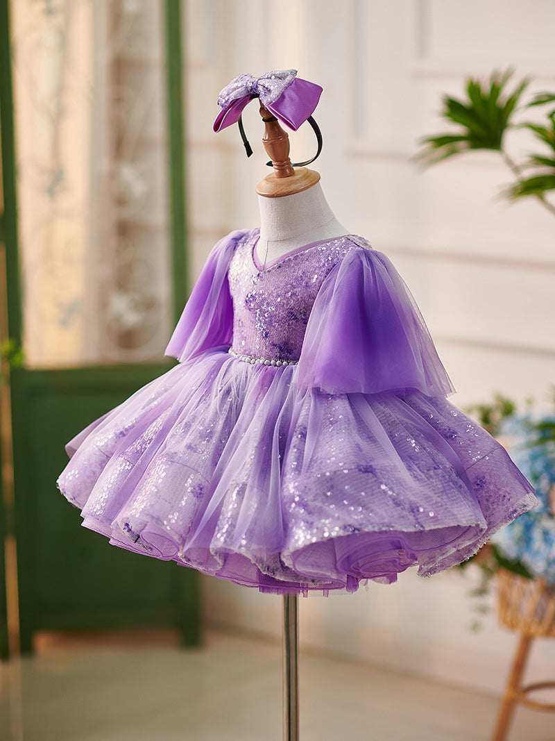 Vestido de tul con lentejuelas moradas hasta la rodilla para bebé niña 