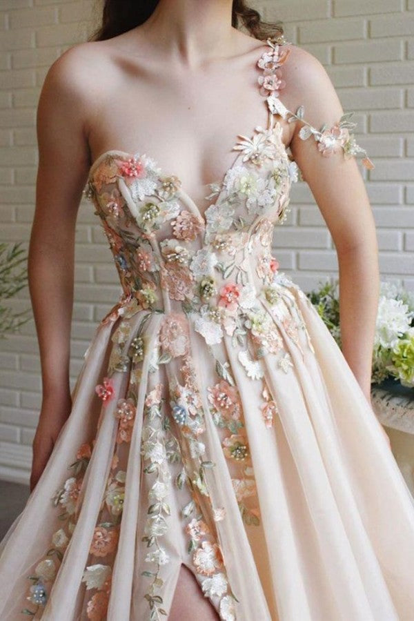 Vestido de fiesta con apliques de flores de hadas, tul color champán con abertura