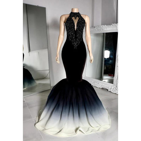 Vestido de fiesta de noche con cuentas, sin mangas, cuello alto y corte trompeta/sirena