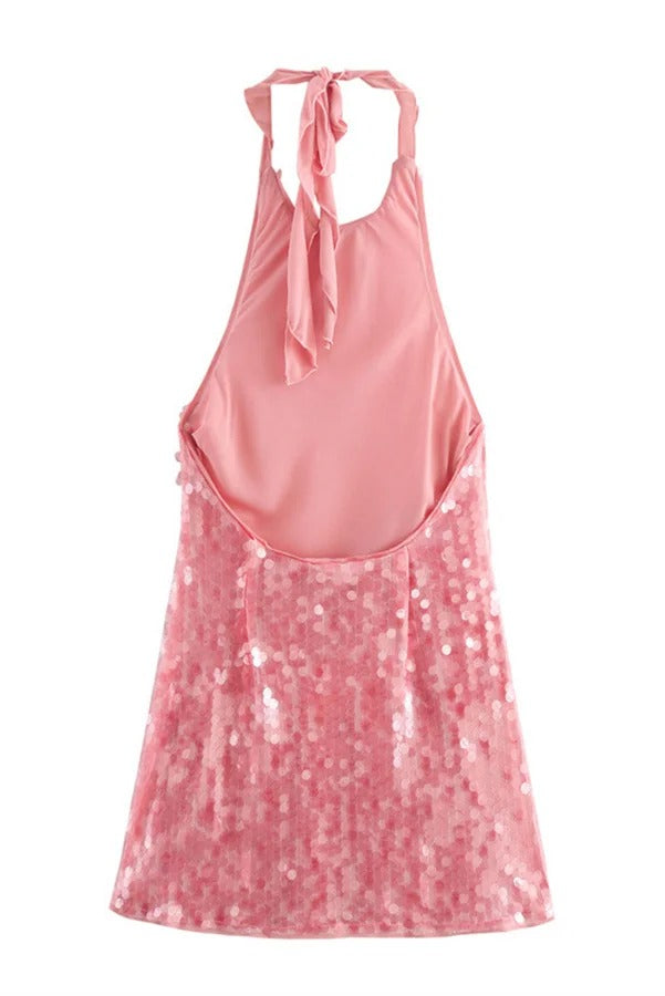 Robe mini sexy à sequins roses et dos nu, ornée de roses. 