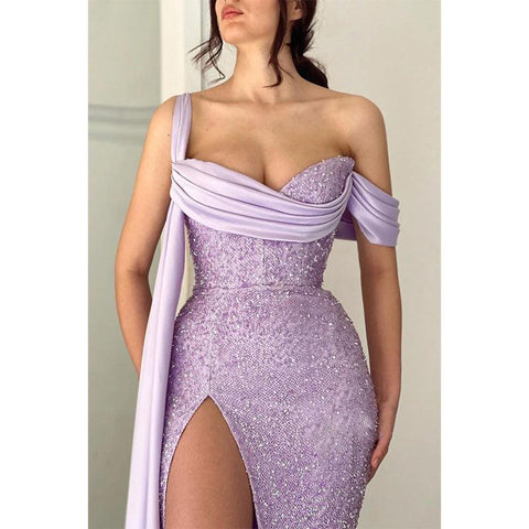 Sheath One Shoulder High Split Long Prom Formal Dress