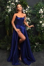 Dark Blue Strapless Sleeveless Mermaid Prom Dress with Split