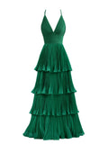 Vestido de dama de honor de gasa de corte A con volantes hasta el suelo