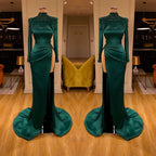 Robe de bal sirène vert foncé ornée de perles et de perles, manches longues fendues