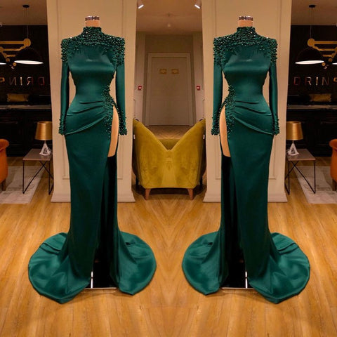 Dark Green Beadings Pearl Ball Dresses Mermaid Prom Dress Split Long Sleeves