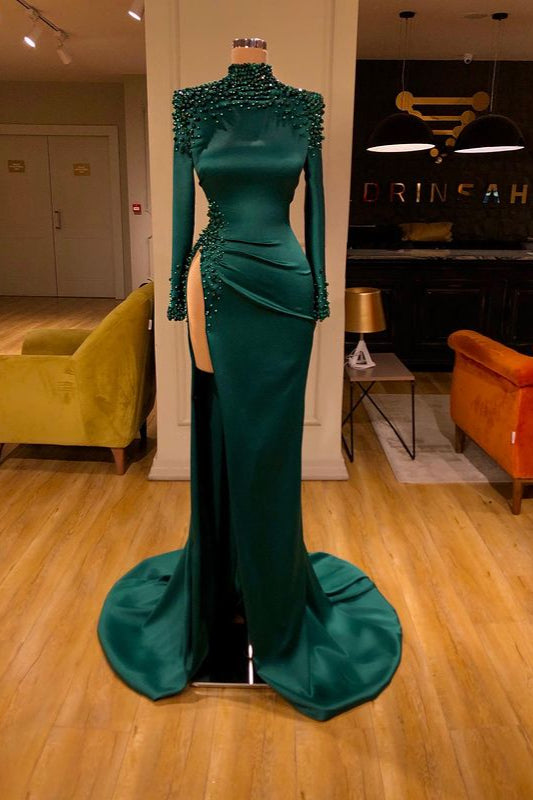 Robe de bal sirène vert foncé ornée de perles et de perles, manches longues fendues