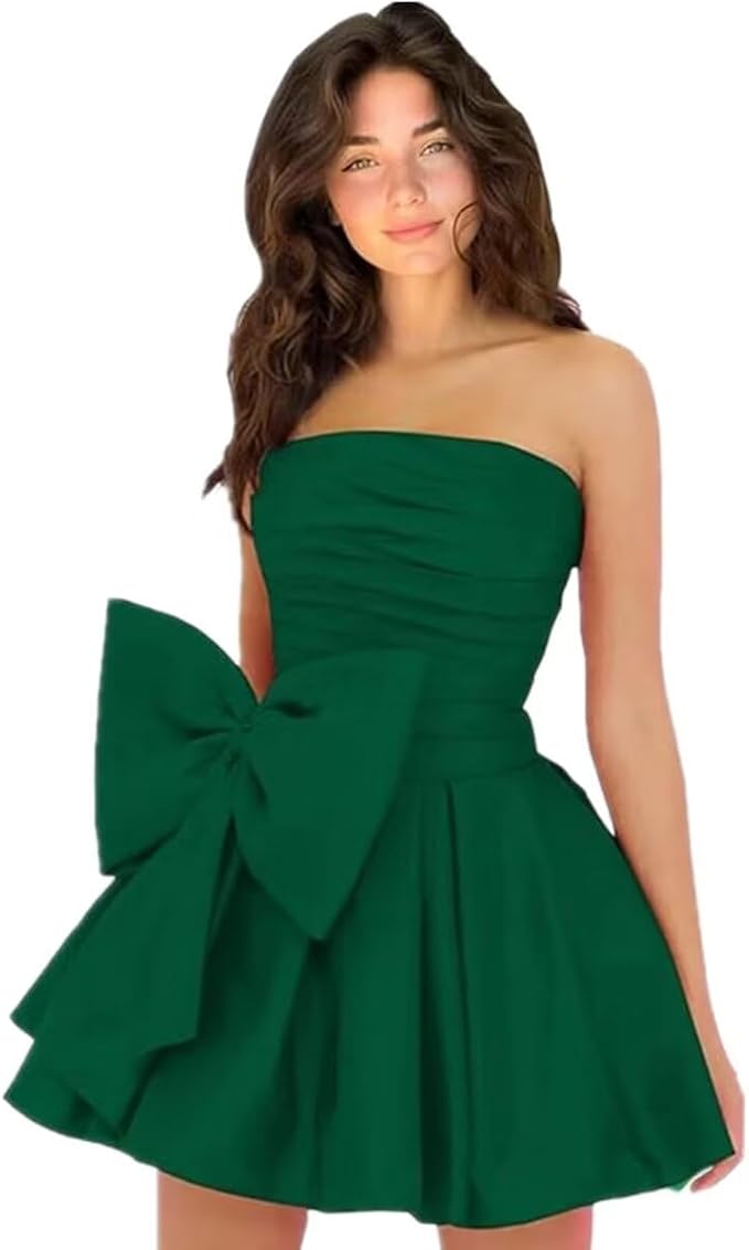 Robes de soirée courtes et chics pour le bal de promo, coupe trapèze, sans manches, bustier, froncées, lacées et ornées d'un nœud.