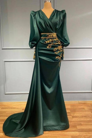 Vestidos largos de noche verde oscuro | Vestidos de graduación con mangas