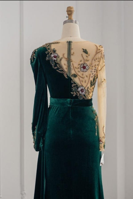 Dark Green Long Sleeves Jewel Mermaid Evening Dresses Prom Gowns With Ruffles