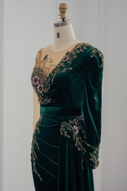Dark Green Long Sleeves Jewel Mermaid Evening Dresses Prom Gowns With Ruffles