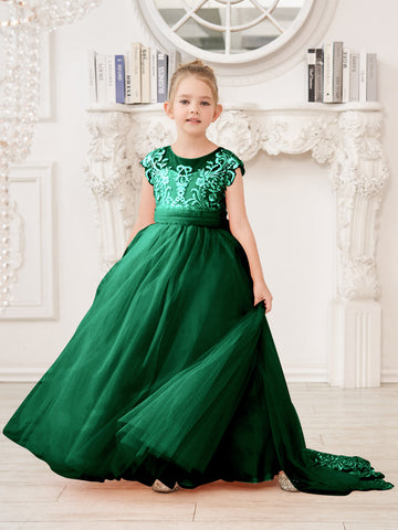 Vestido rosa de niña de las flores, corte en A, encaje, tul y cola corta 