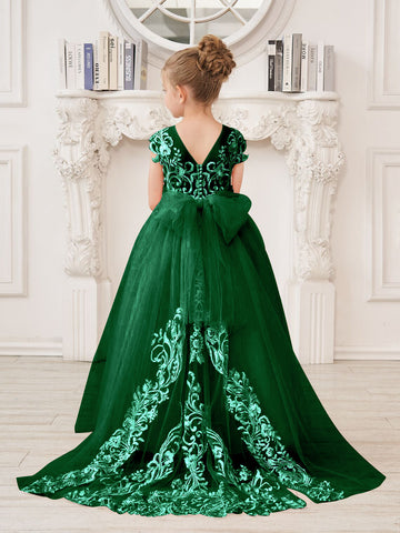 Vestido rosa de niña de las flores, corte en A, encaje, tul y cola corta 