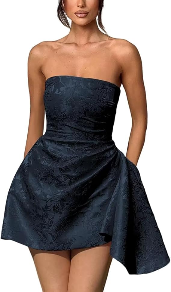 Vestido corto de fiesta de bienvenida, sin tirantes, corte en A, de satén jacquard, asimétrico, con cordones.