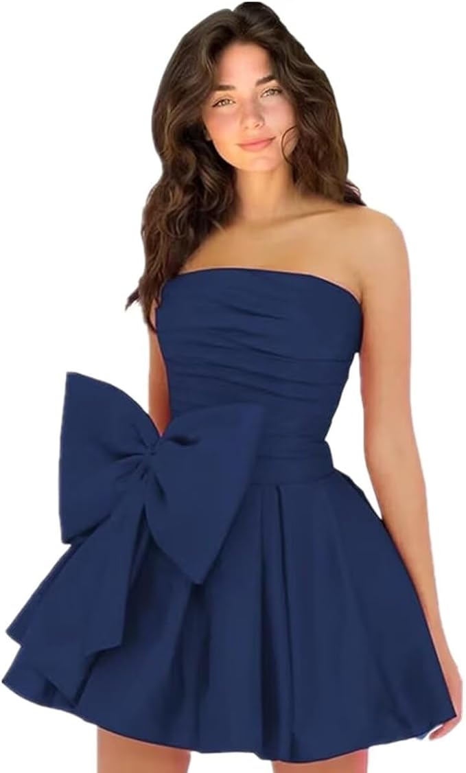 Robes de soirée courtes et chics pour le bal de promo, coupe trapèze, sans manches, bustier, froncées, lacées et ornées d'un nœud.
