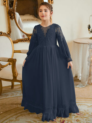 Vestido de Primera Comunión color marfil, corte en A, de gasa hasta el suelo 