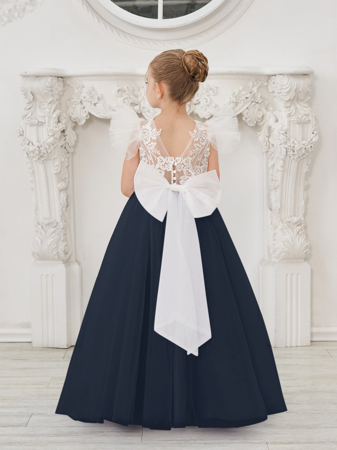 Vestido de niña de las flores con cola de tul y encaje desmontable 