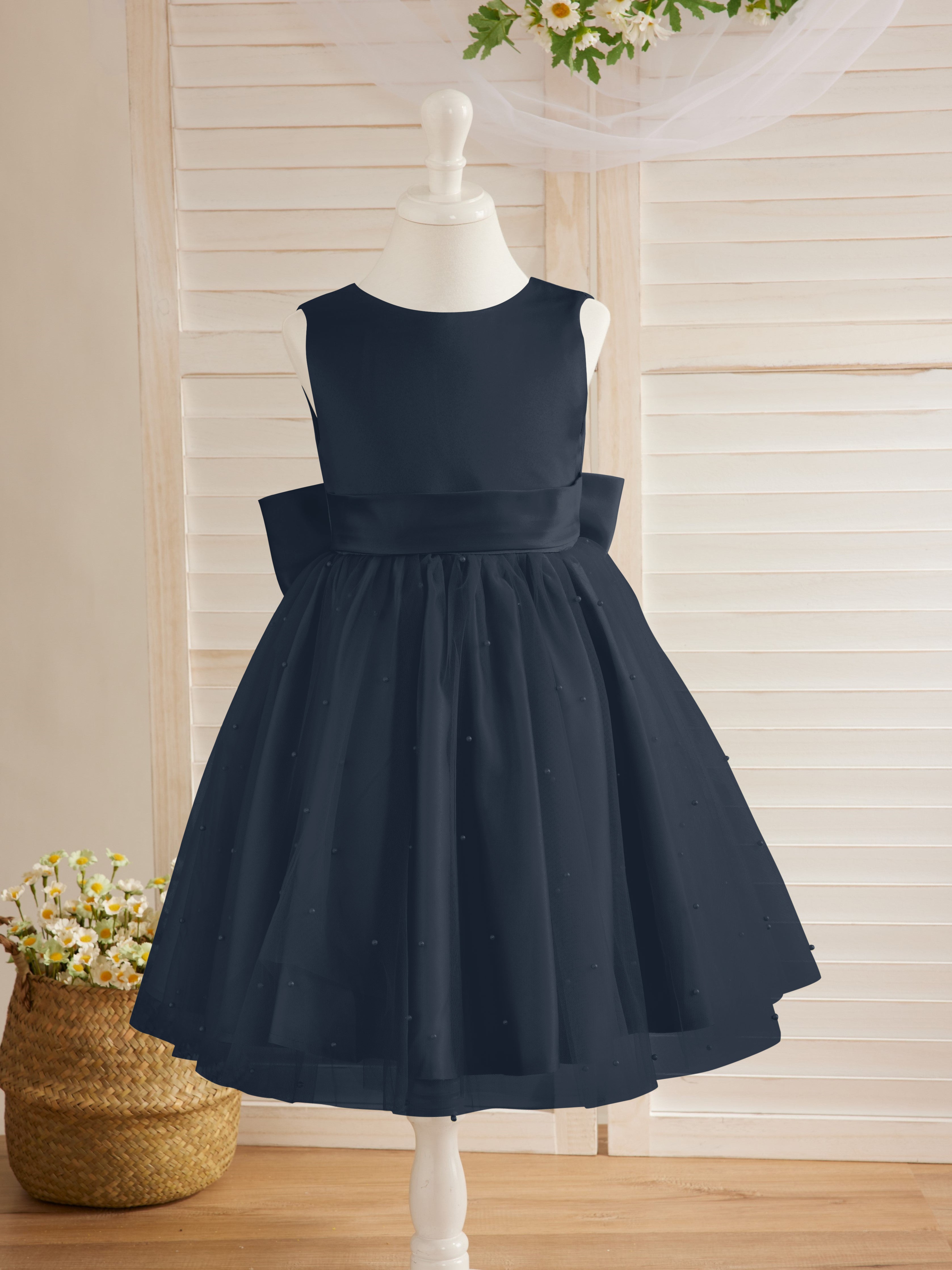 Vestido de princesa/vestido de princesa de satén y tul hasta la rodilla para niña de las flores 