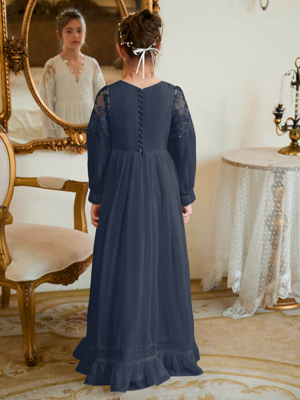 Vestido de Primera Comunión color marfil, corte en A, de gasa hasta el suelo 