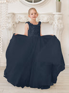Elegante vestido blanco de tul para niña de las flores con cola corta 