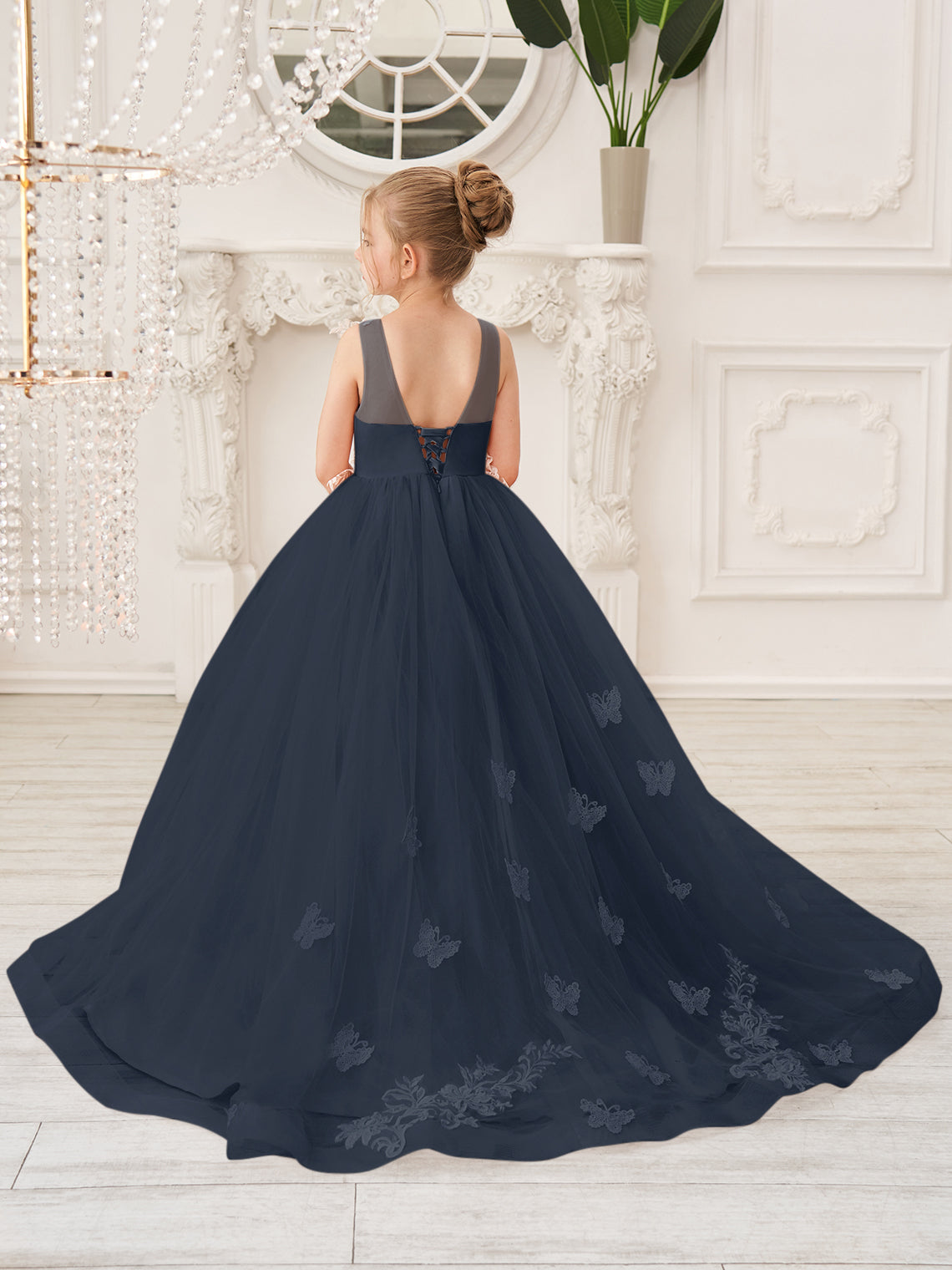 Elegante vestido de princesa sin mangas de tul para niña de las flores, corte en A 