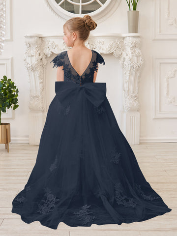 Vestido de niña de las flores para la Primera Comunión, color marfil, con cola desmontable estilo princesa. 