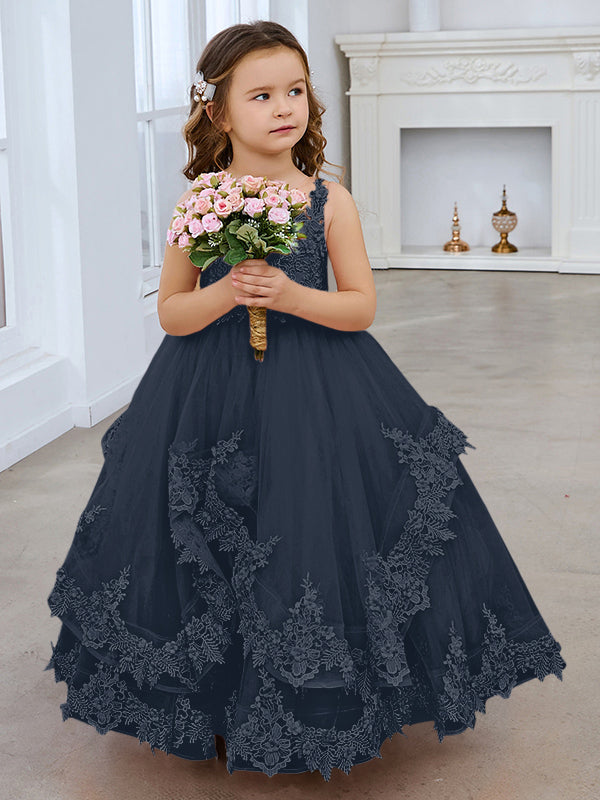 Vestido de princesa sin mangas de tul con apliques de encaje y cola corta para niñas 