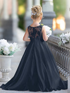 Vestido de niña de las flores para la Primera Comunión, corte en A, encaje y satén, hasta el suelo 