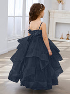 Vestido de niña de las flores de tul sin mangas, corte princesa, azul pizarra, corte en A, estilo princesa 