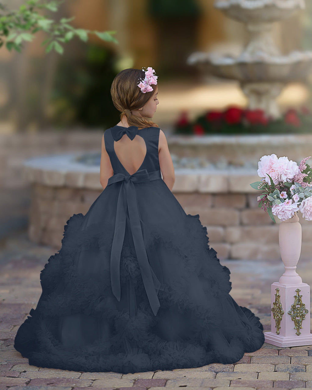 Vestido de niña de las flores de corte A, de satén y tul, hasta el suelo, con volantes en cascada. 