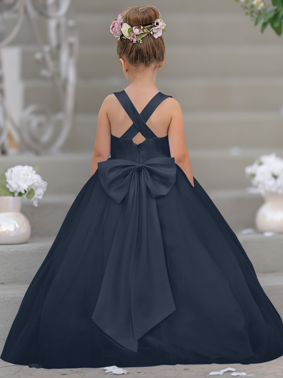 Vestido de niña de las flores clásico de corte en A sin mangas en satén y tul 