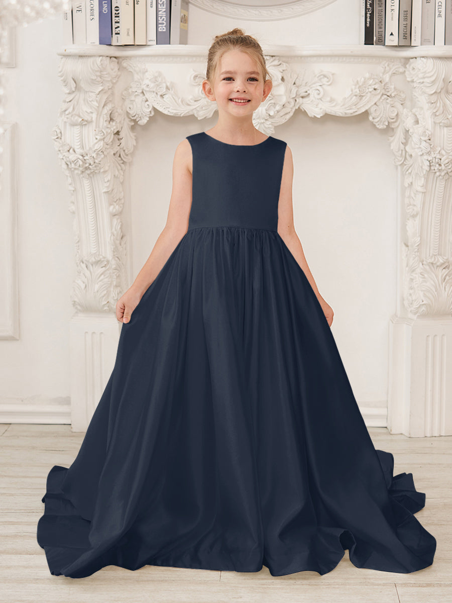 Vestido de niña de las flores de satén sin mangas, corte princesa, con cola y lazo. 