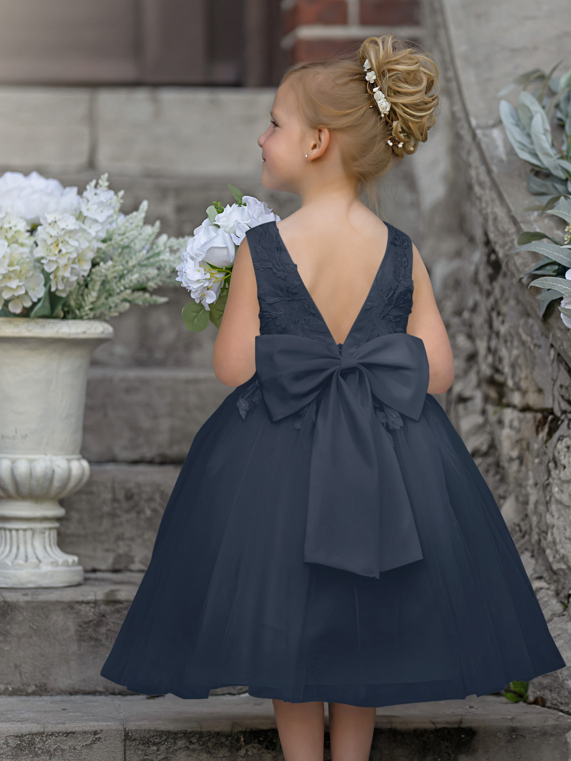 Vestido de niña de las flores sin mangas de tul y encaje hasta la rodilla 