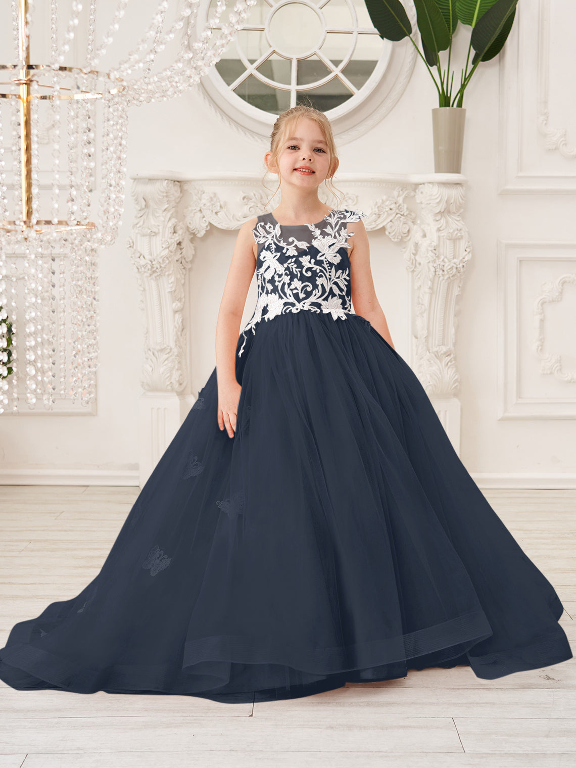 Elegante vestido de princesa sin mangas de tul para niña de las flores, corte en A 