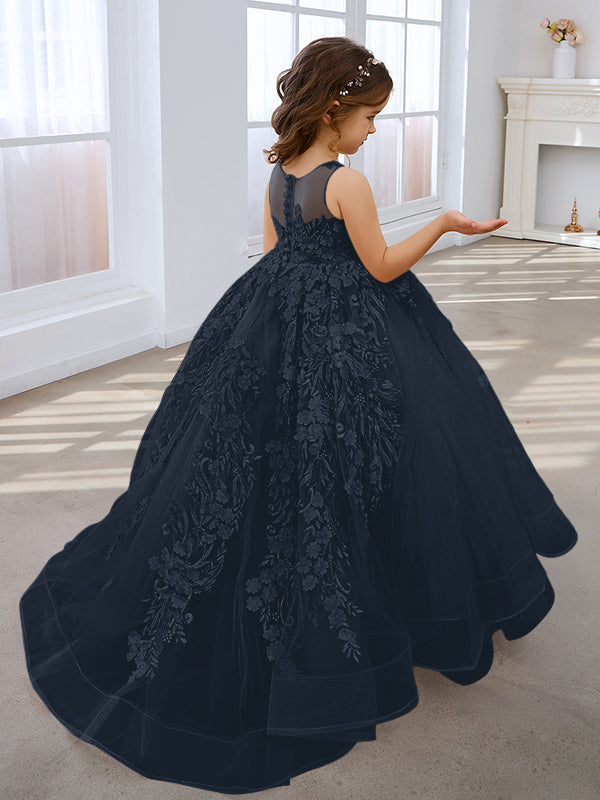 Vestido de princesa rosa para niñas con apliques de encaje 