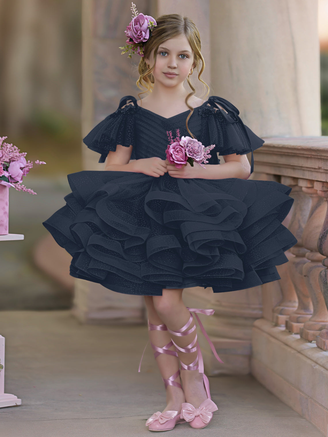 Vestido de princesa/vestido de tul hasta la rodilla para niña de las flores de cumpleaños