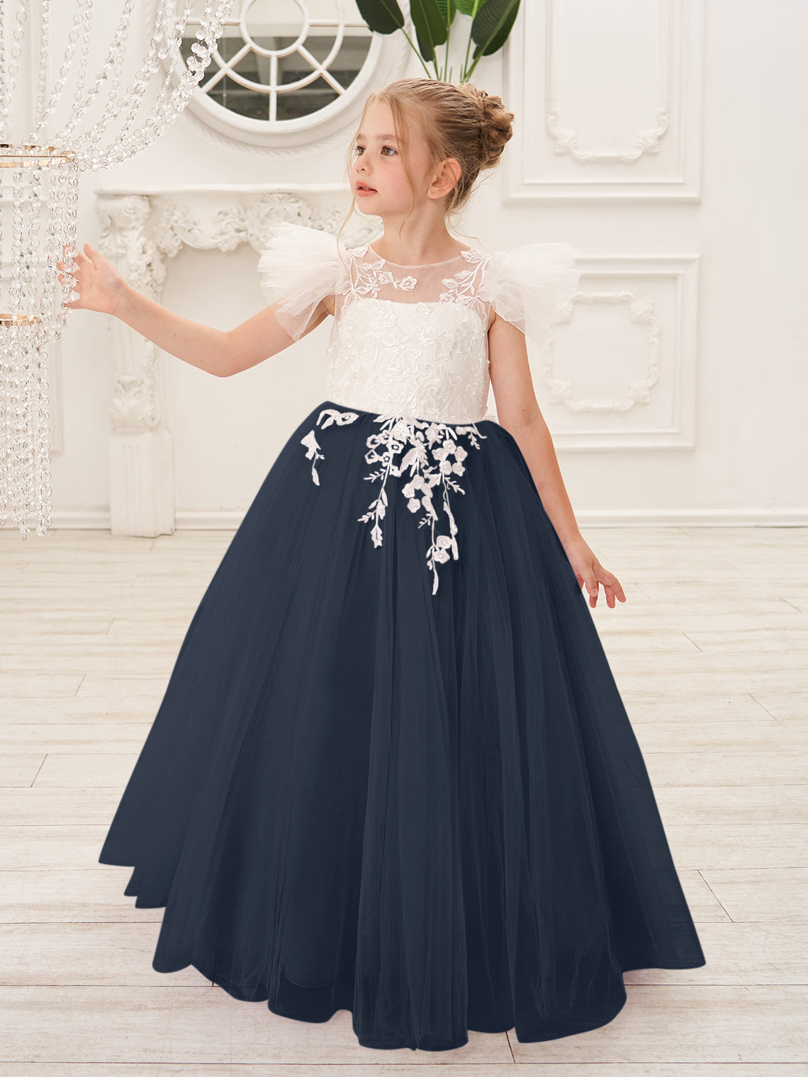 Vestido de niña de las flores con cola de tul y encaje desmontable 