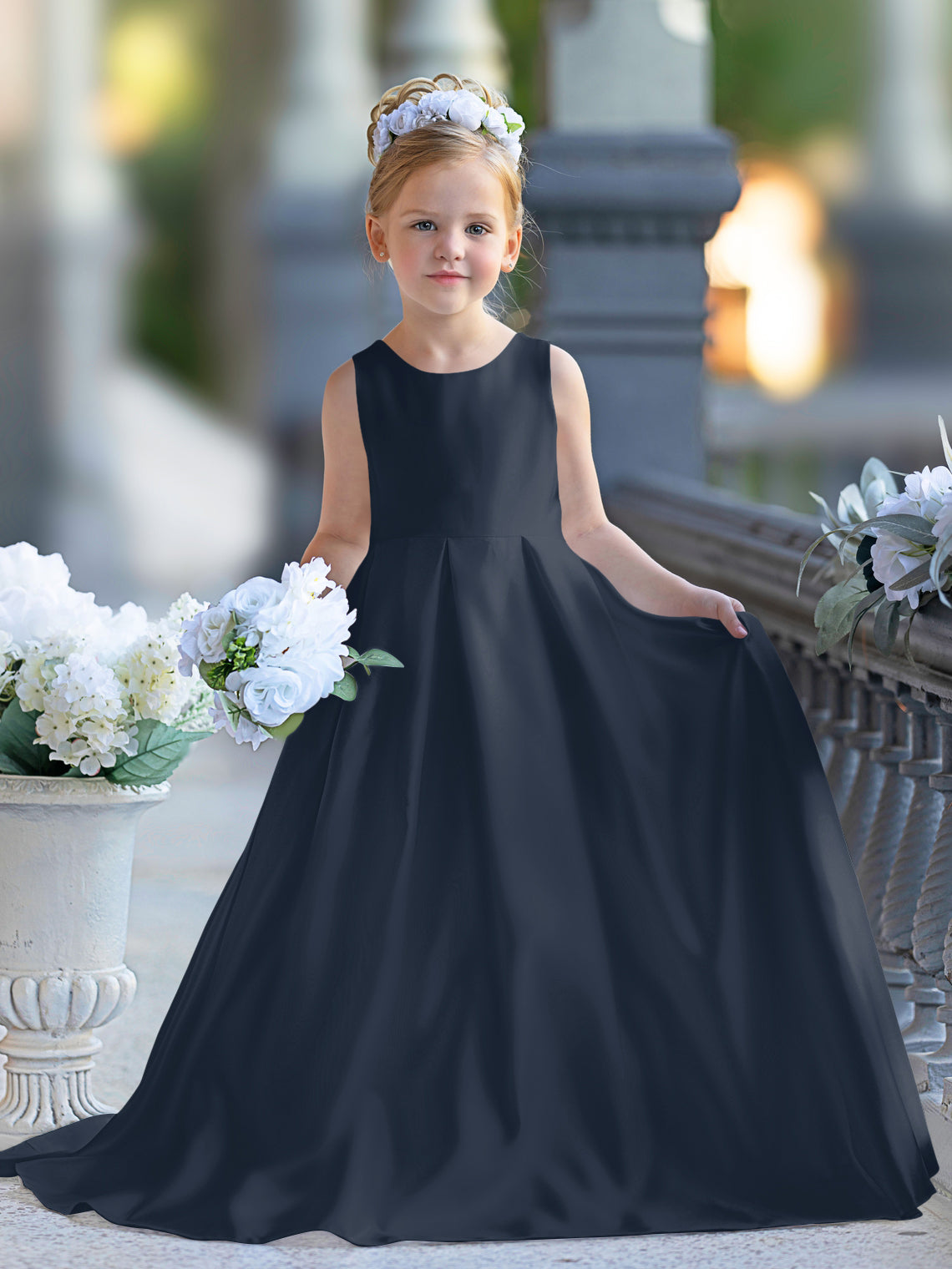 Vestido de niña de las flores para la Primera Comunión, corte en A, encaje y satén, hasta el suelo 