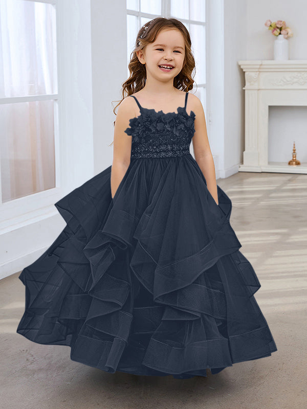 Vestido de niña de las flores de tul sin mangas, corte princesa, azul pizarra, corte en A, estilo princesa 