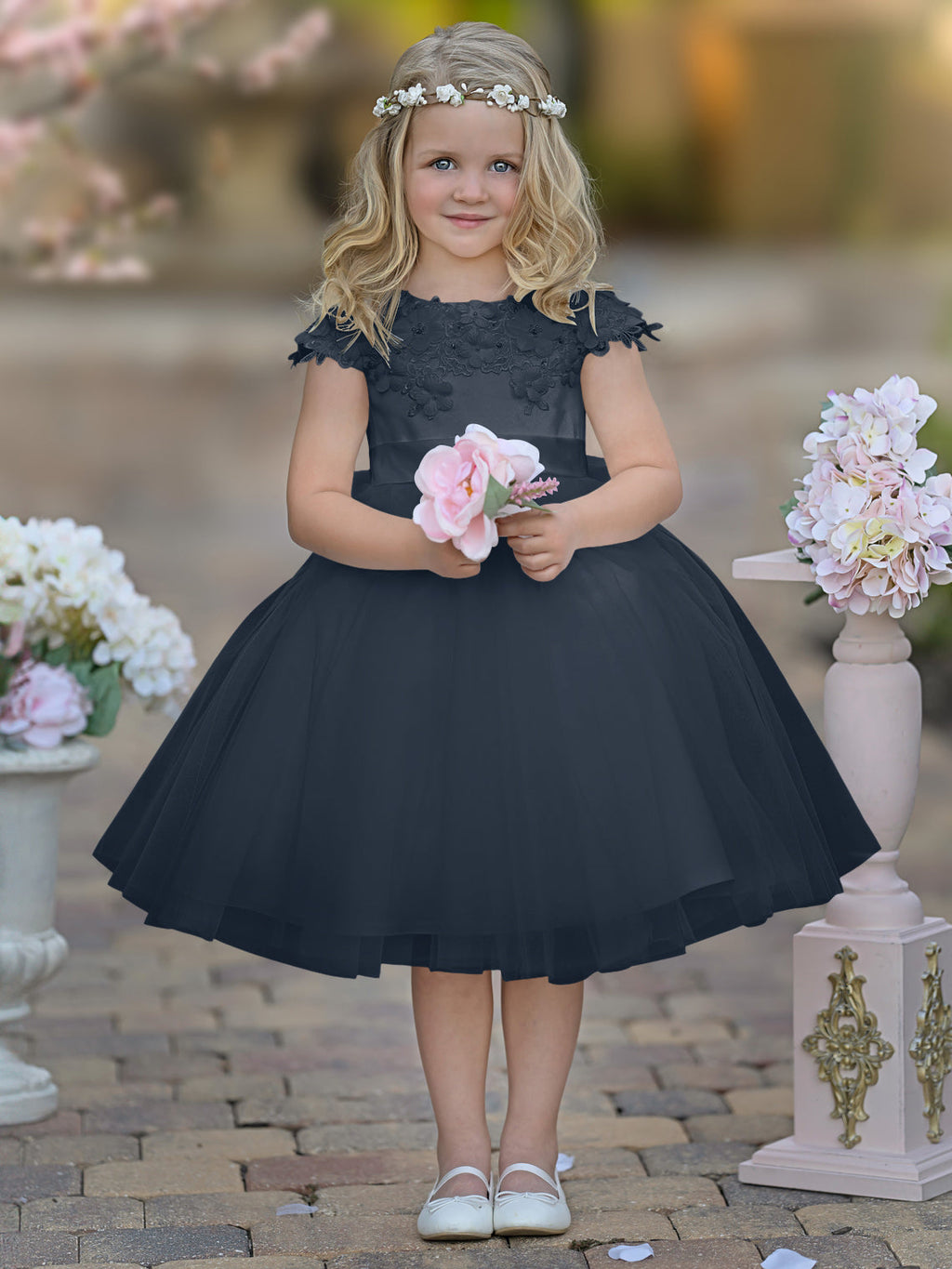 Vestido de niña de las flores de la Primera Comunión, color marfil, de tul satinado hasta la rodilla 