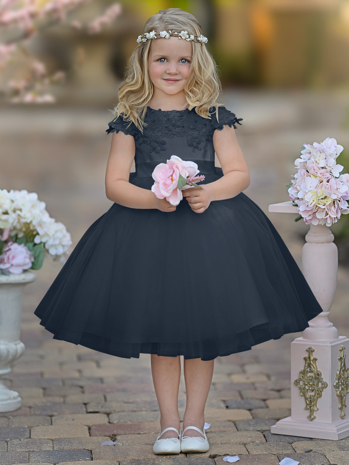 Vestido de niña de las flores de la Primera Comunión, color marfil, de tul satinado hasta la rodilla 