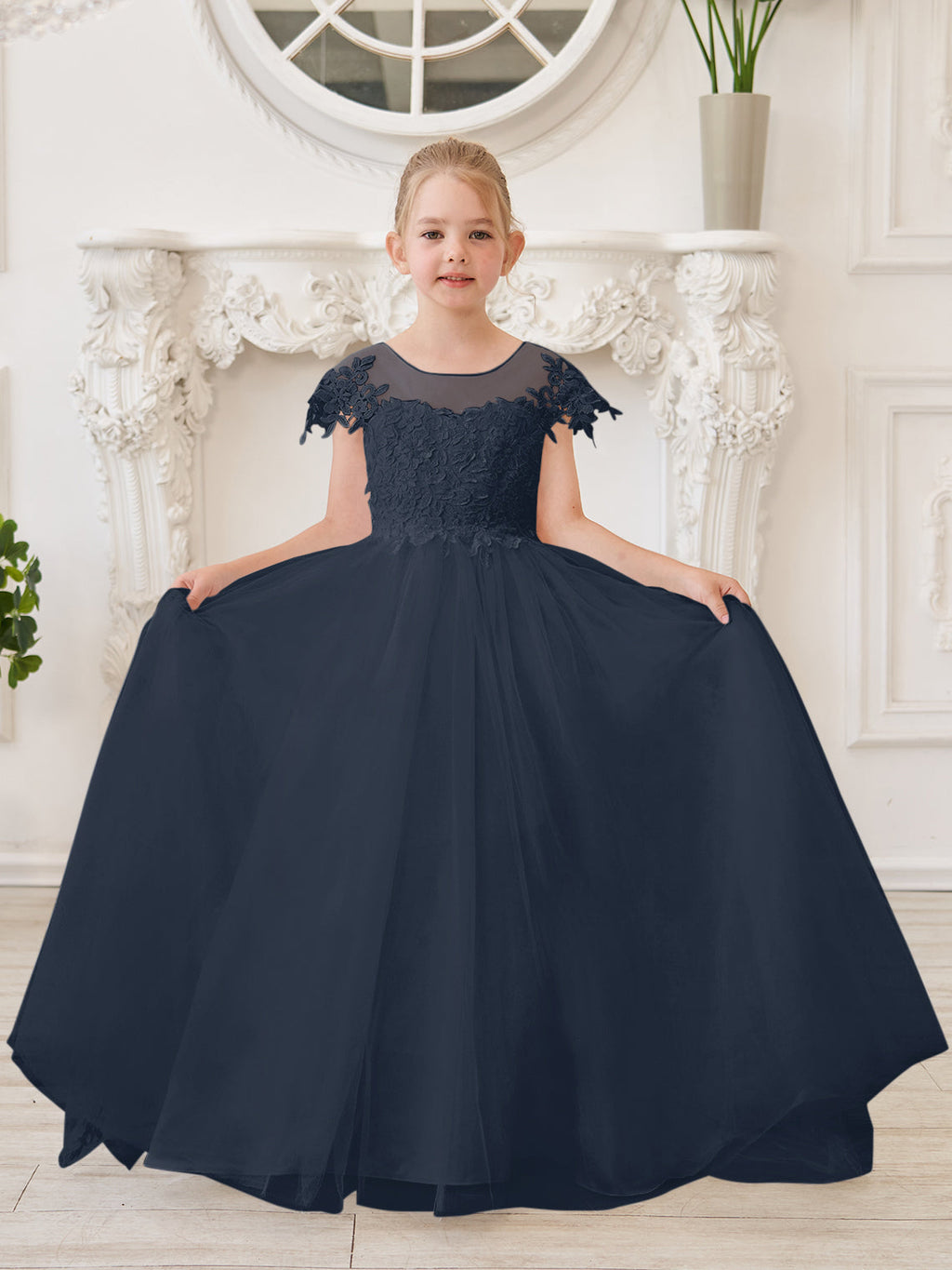 Vestido de niña de las flores para la Primera Comunión, color marfil, con cola desmontable estilo princesa. 
