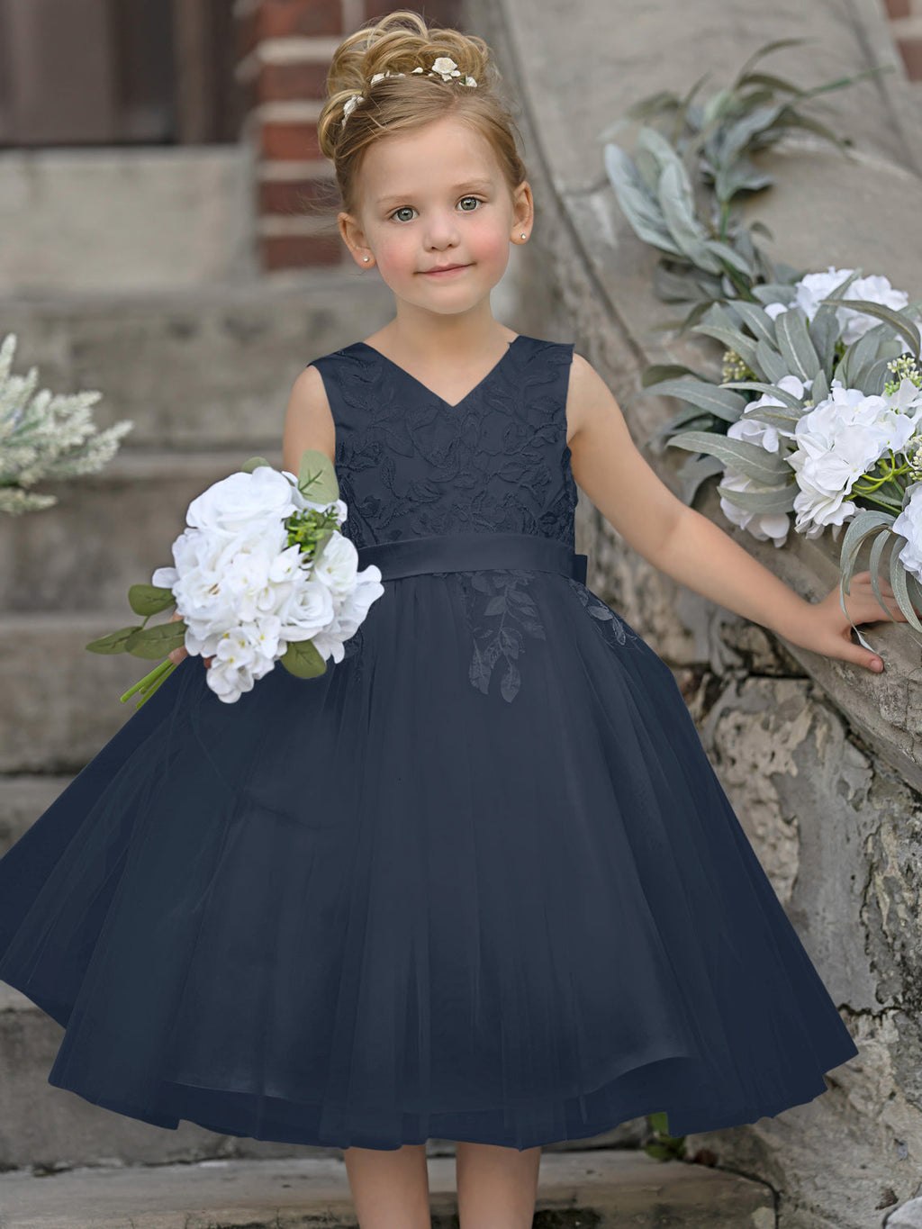 Robe de demoiselle d'honneur sans manches en dentelle et tulle, longueur genou 