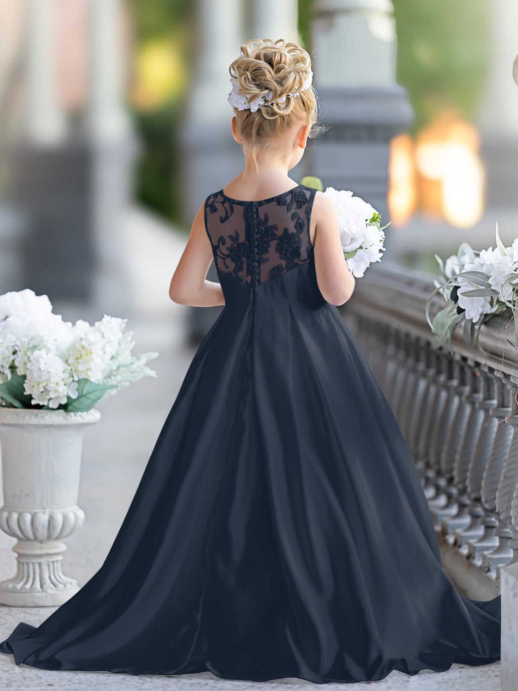 Vestido de niña de las flores para la Primera Comunión, corte en A, encaje y satén, hasta el suelo 