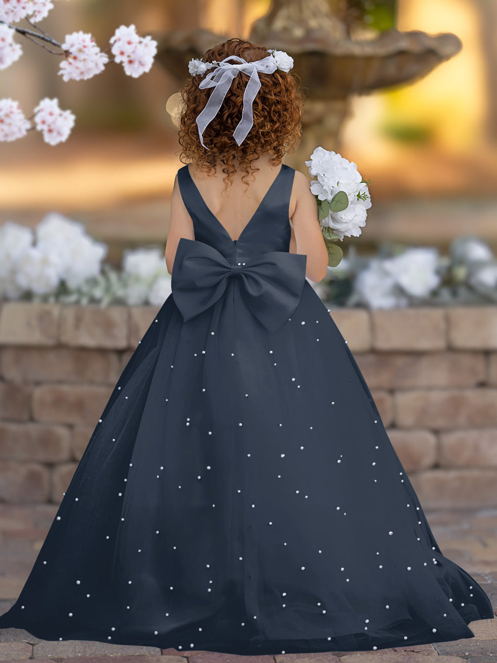 Elegante vestido de princesa de satén y tul para niña de las flores 