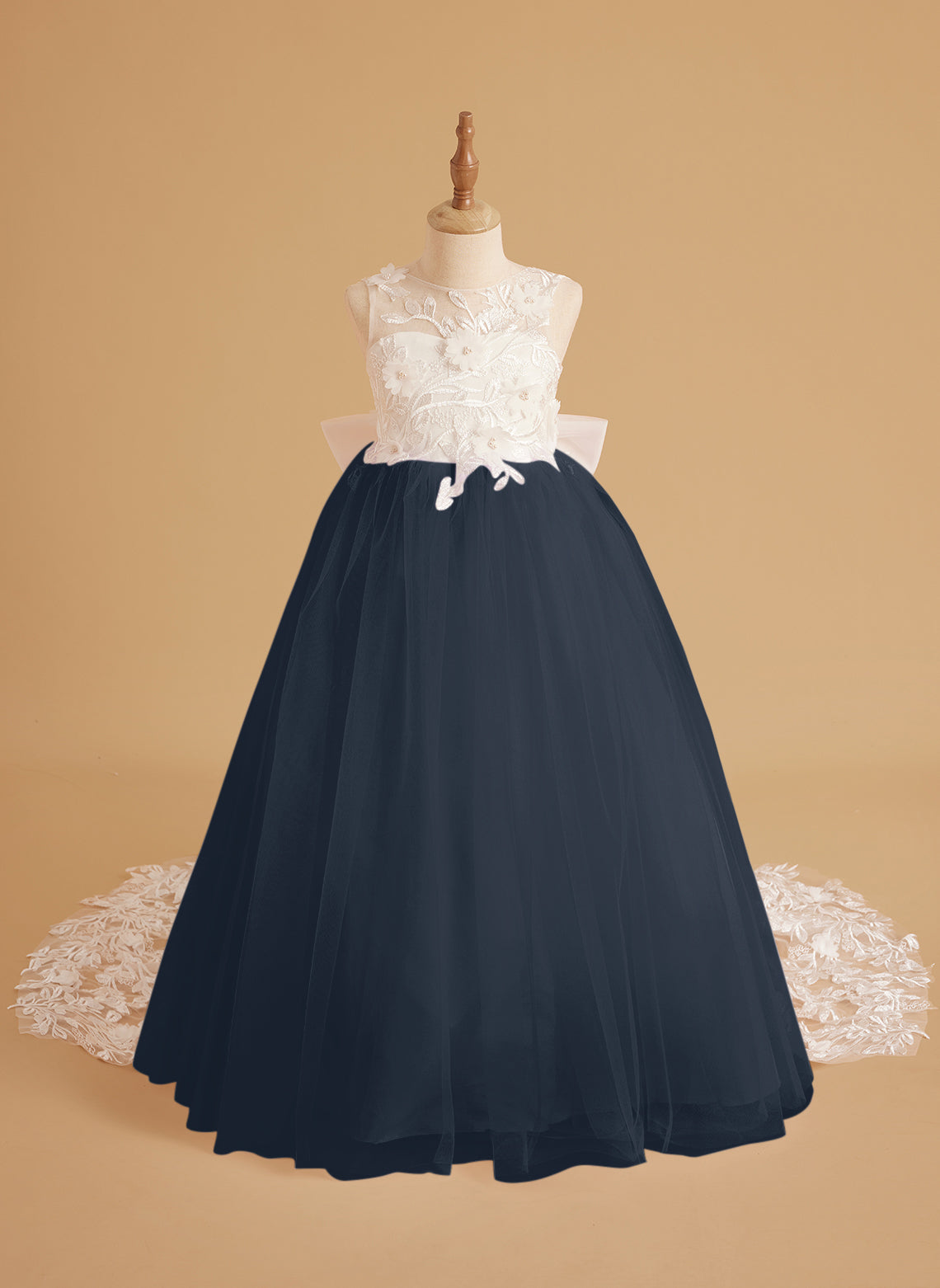 Vestido de niña de las flores sin mangas de encaje y tul con cuentas, estilo princesa de ensueño 