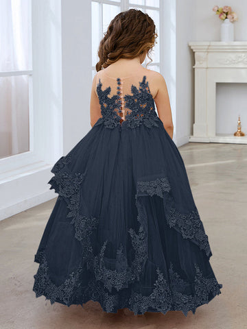 Vestido de princesa sin mangas de tul con apliques de encaje y cola corta para niñas 