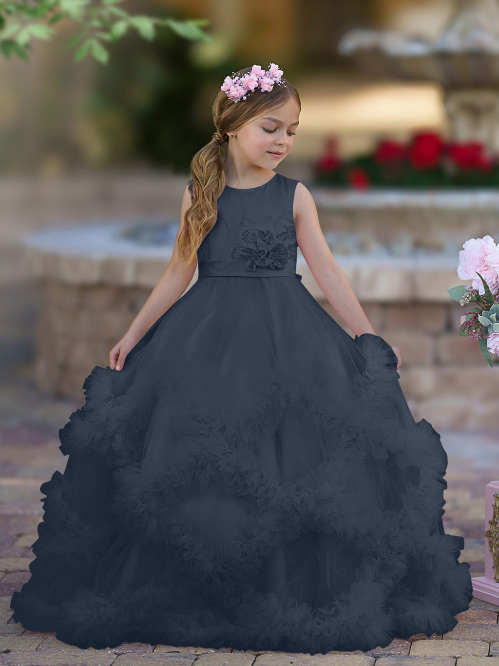 Vestido de niña de las flores de corte A, de satén y tul, hasta el suelo, con volantes en cascada. 
