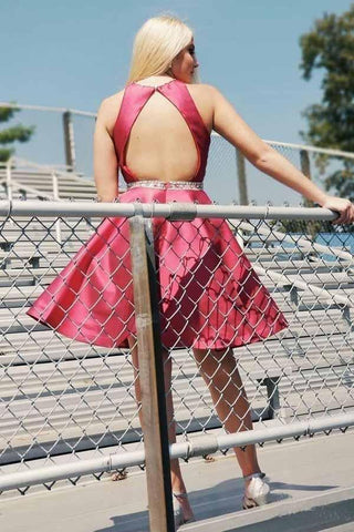 Vestido corto de fiesta rojo oscuro con bolsillo y espalda descubierta PD269