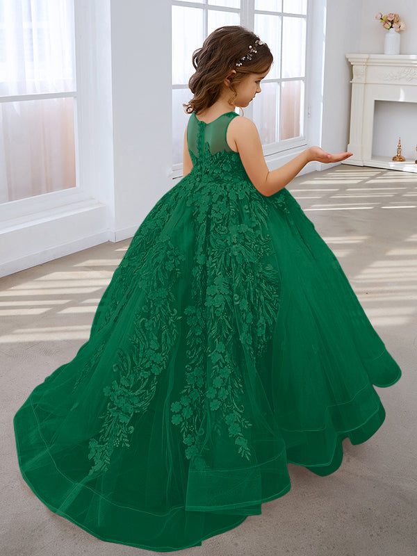 Vestido de princesa rosa para niñas con apliques de encaje 
